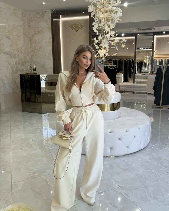 Damen nan kurzes Zip-Hoodie-Set mit Ballonärmeln und Highwaist Weitbein-Loungehose Echo Archiv