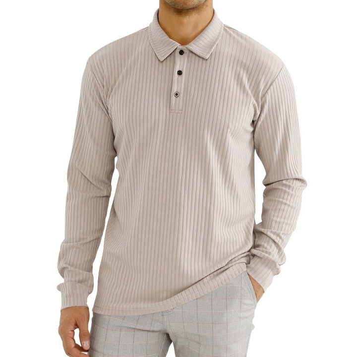 Herren Langarm-Polohemd mit strukturiertem Rippenmuster und Knopfdetail Echoarchiv