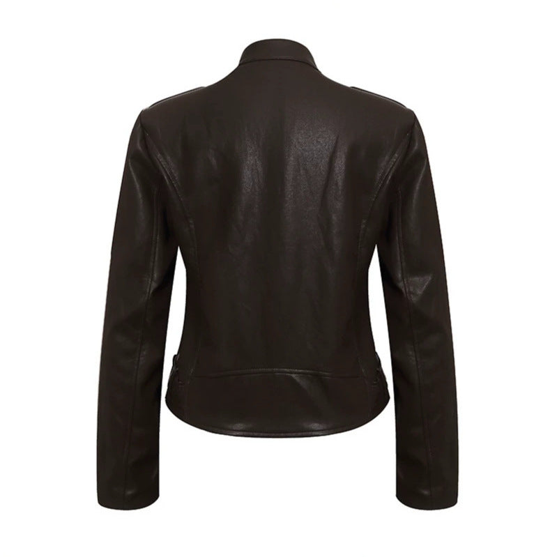 Damen Taillierte Lederoptik-Jacke mit Stehkragen, Schulterklappen und Taillengürtel Echoarchiv
