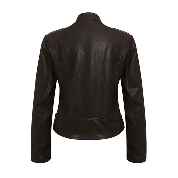 Damen Taillierte Lederoptik-Jacke mit Stehkragen, Schulterklappen und Taillengürtel Echoarchiv