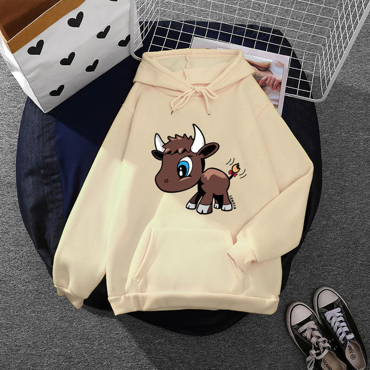 Damen Kapuzenpullover mit charmantem Stier-Karikaturprint, Kängurutasche und entspanntem Oversize-Schnitt – Auréline