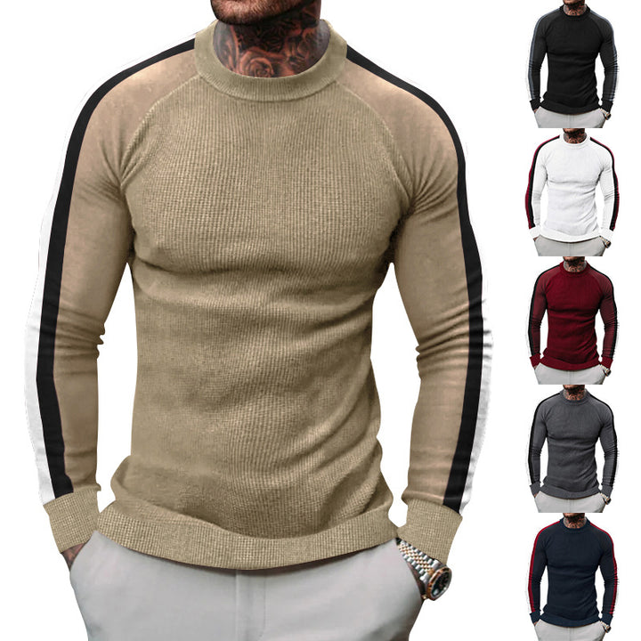 Herren sportlicher Strickpullover mit kontrastierenden Ärmeln und hohem Kragen Echoarchiv