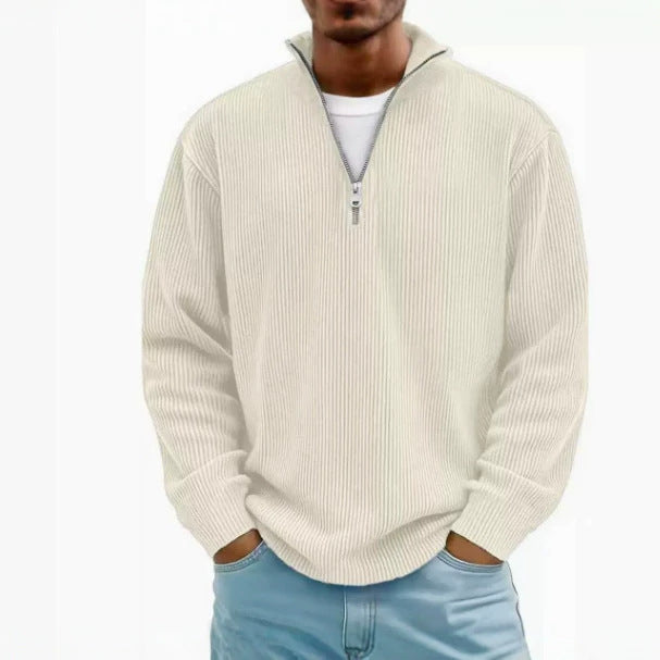 Herren Gerippter Halbzip-Strickpullover mit Stehkragen und lockerer Passform Echoarchiv