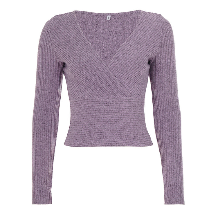 Damen Tailliertes Rippstrick-Wrap-Top mit tiefem V-Ausschnitt Echo Archiv