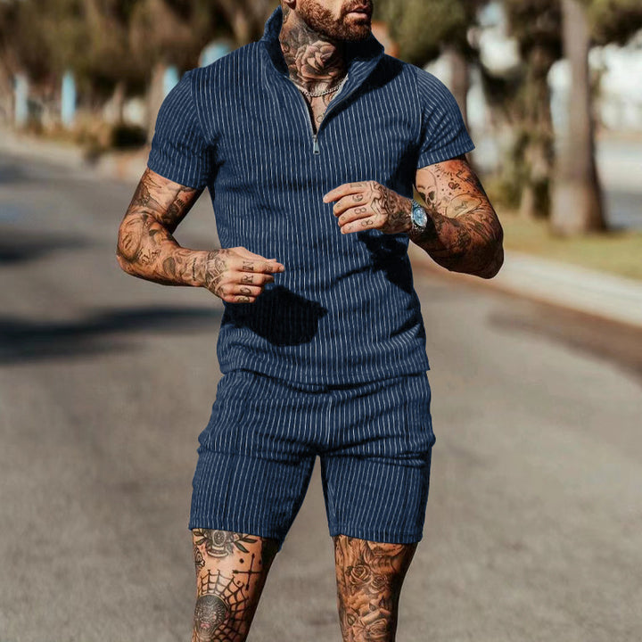 Herren Kurzarm-Jumpsuit mit modernem Reißverschluss und gestreiftem Design Echoarchiv
