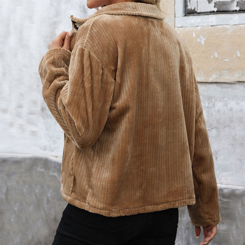 Damen Plüsch-Cordjacke mit Stehkragen, Reißverschluss & Kängurutaschen Echoarchiv
