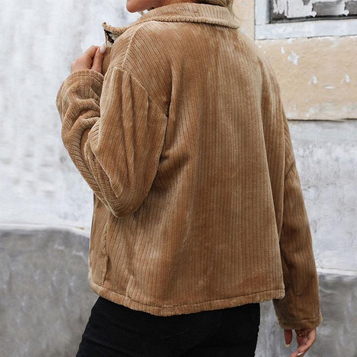 Damen Plüsch-Cordjacke mit Stehkragen, Reißverschluss & Kängurutaschen Echoarchiv