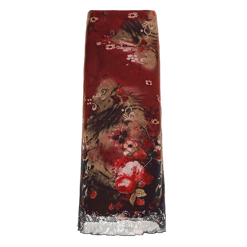 Damen Langes Satin-Chiffon Maxirock mit floralem Aquarellprint Echo Archiv