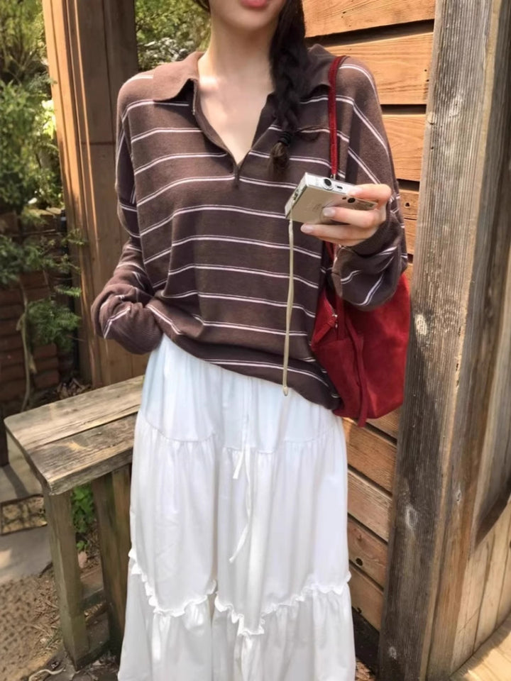Damen Oversize-Polokragen-Strickpullover mit Streifen und halber Knopfleiste Echoarchiv