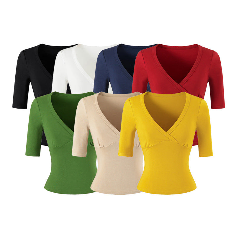 Damen Figurbetontes Wickelshirt mit tiefem V-Ausschnitt, dreiviertelärmeln und Taillenbetonung Echoarchiv
