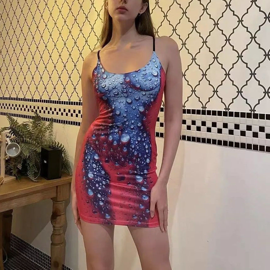 Damen Minikleid im modernen Wasserfall-Design mit verstellbaren Spagetti-Trägern Echo Archiv