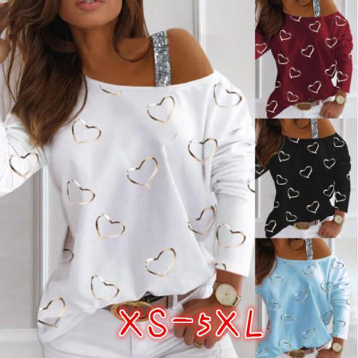 Damen Off-Shoulder Strickpullover mit Herzprint und Paillettenträger Echoarchiv