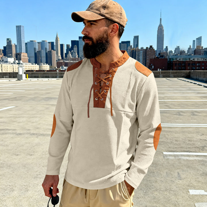 Herren Waffelstrick-Langarmshirt mit Schnürung und Kunstvelours-Ellbogenpatches – Cavarno