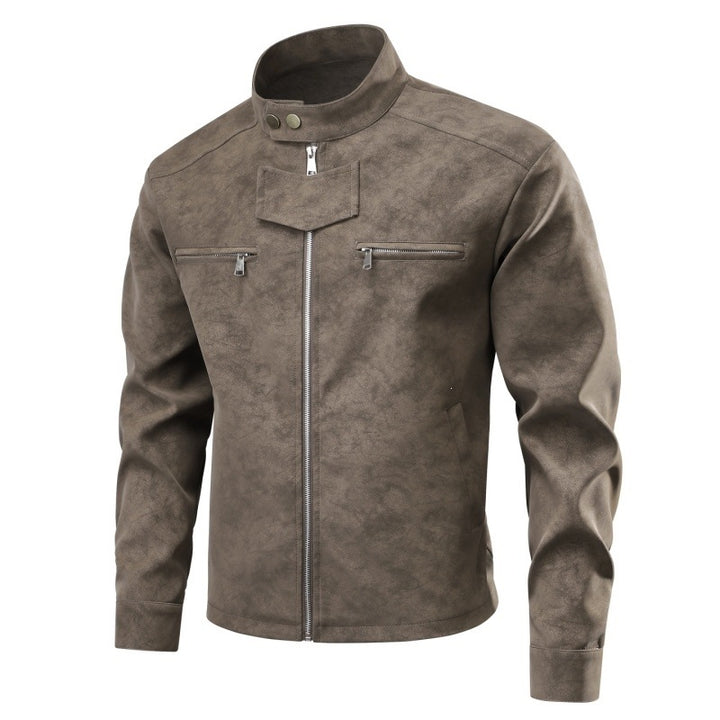 Herren Velourslederoptik-Bikerjacke mit Stehkragen, Brustreißverschlusstaschen & verdeckter Druckknopfblende Echoarchiv