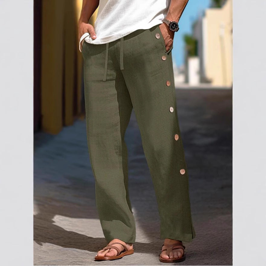 Herren Leinenhose mit seitlichen Knopfdetails und lockerer Passform Echoarchiv
