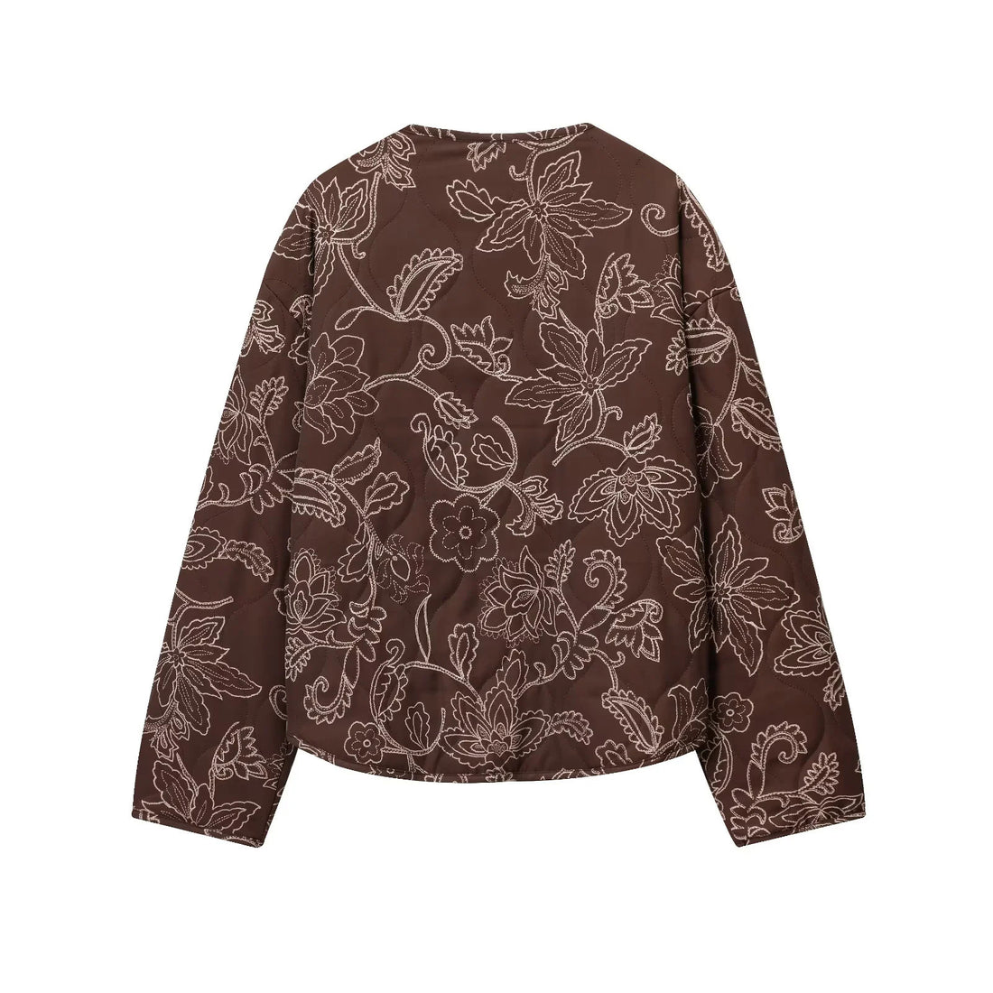 Damen gesteppte Kurzjacke mit floralem Steppmuster, Druckknopffront und Taillenzug – Célinea