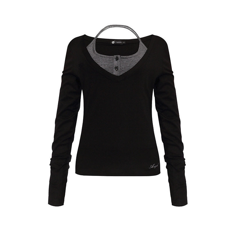 Damen Langarm-Shirt mit doppeltem Layer‑Effekt, tiefem V‑Ausschnitt und gestreiftem Einsatz Echoarchiv