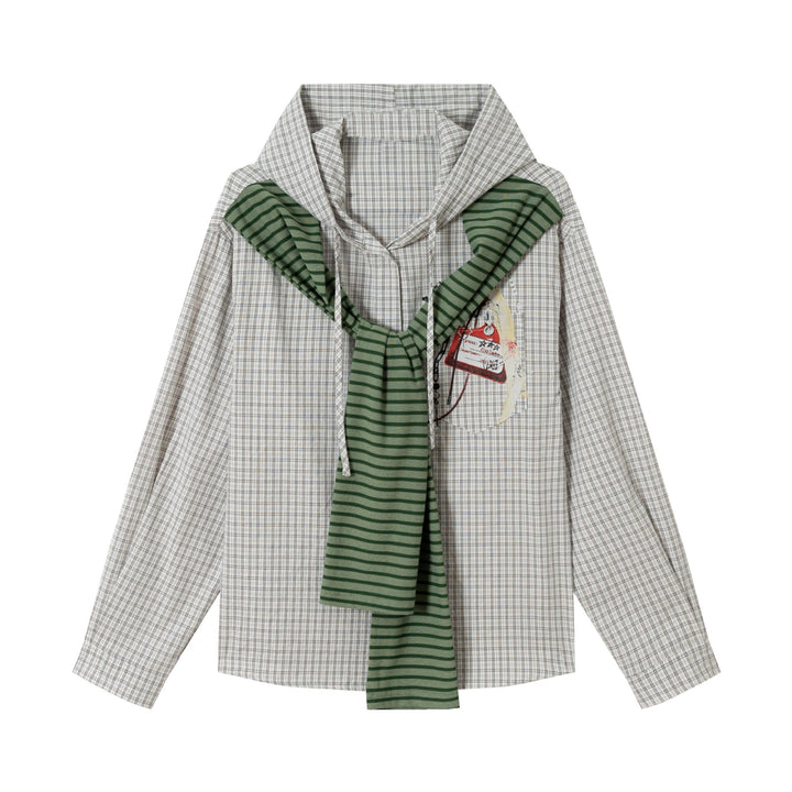 Damen Oversize Hemdjacke mit Kapuze, angenähtem Strickschal und Brustpatch Echoarchiv