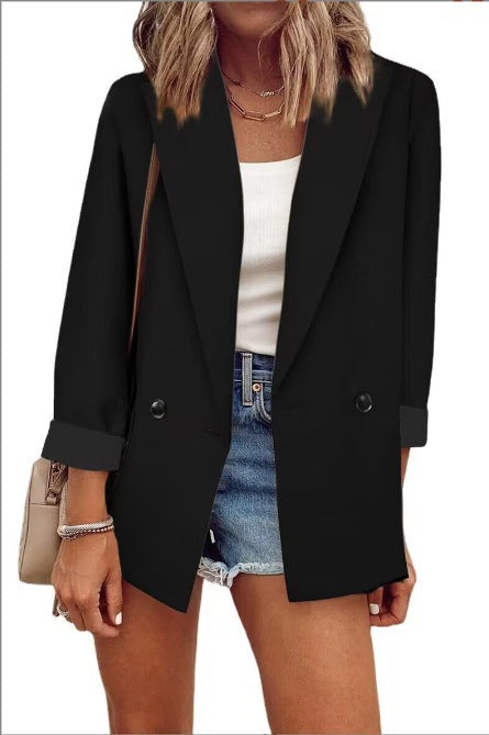 Damen Oversize Longline-Blazer mit 3/4-Ärmeln, Kontrastumschlag und aufgesetzten Taschen Echoarchiv