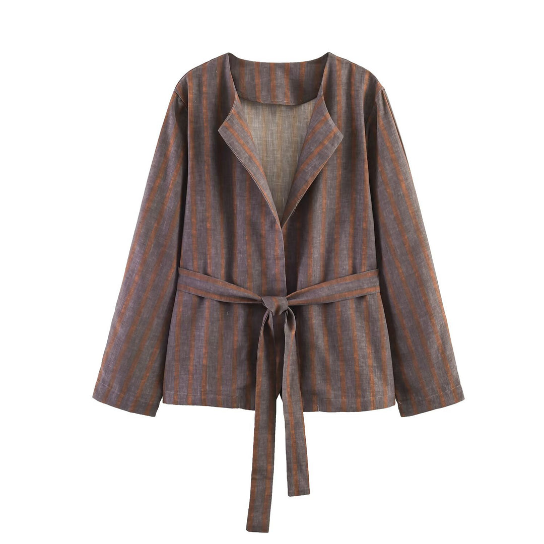 Damen Zweiteiliges Leinen-Set mit Bindegürteljacke und elastischer High-Waist-Hose Echo Archiv