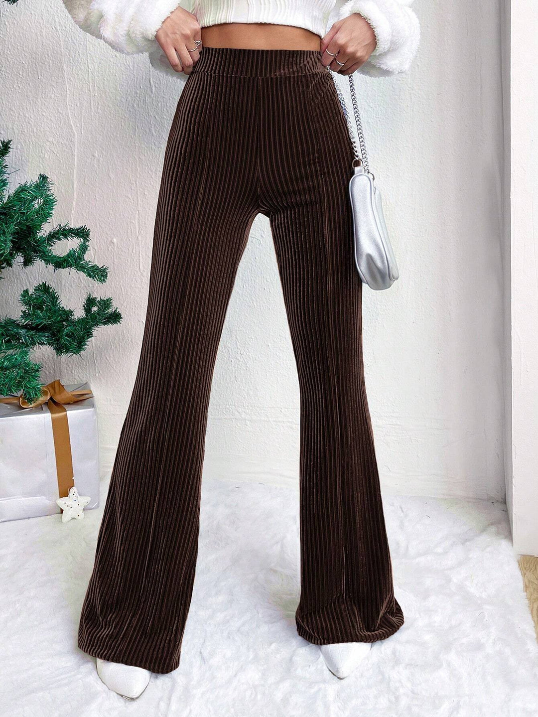 Damen Hochtaillierte gerippte Samt-Hose mit weitem Bein Echo Archiv