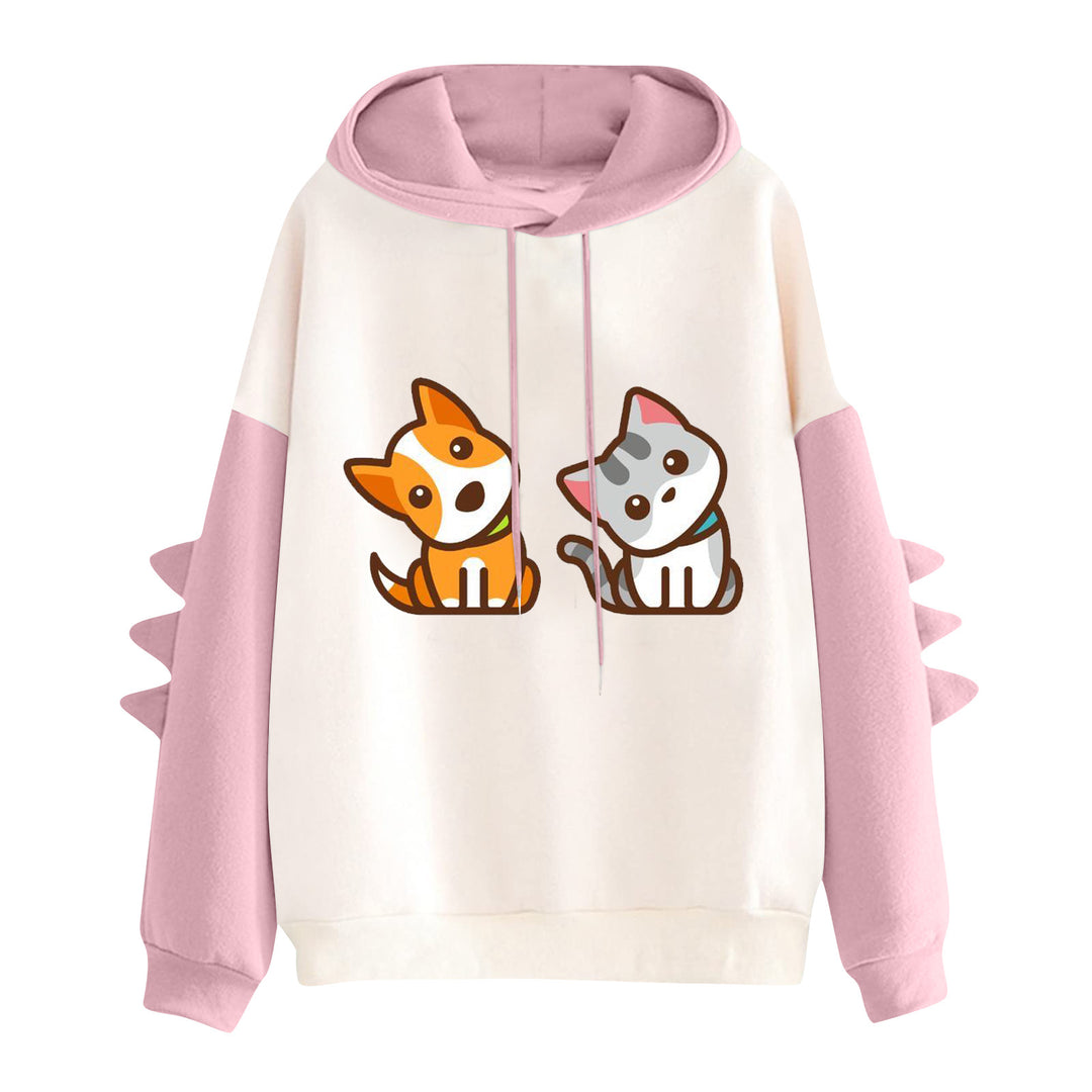 Damen Kapuzenpullover mit niedlichem Hunde‑und‑Katzen‑Print und 3D-Stacheln an den Ärmeln – Auréline
