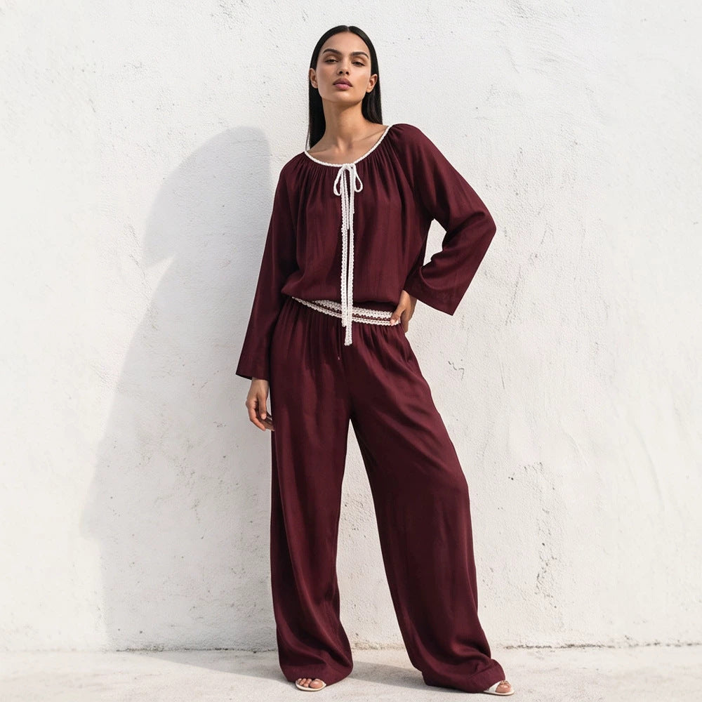 Damen Fließendes zweiteiliges Loungewear-Set aus Seidenoptik mit weiter Palazzohose und geraffter Tunika Echoarchiv