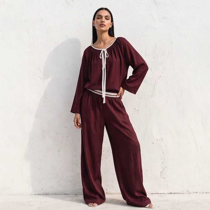 Damen Fließendes zweiteiliges Loungewear-Set aus Seidenoptik mit weiter Palazzohose und geraffter Tunika Echoarchiv