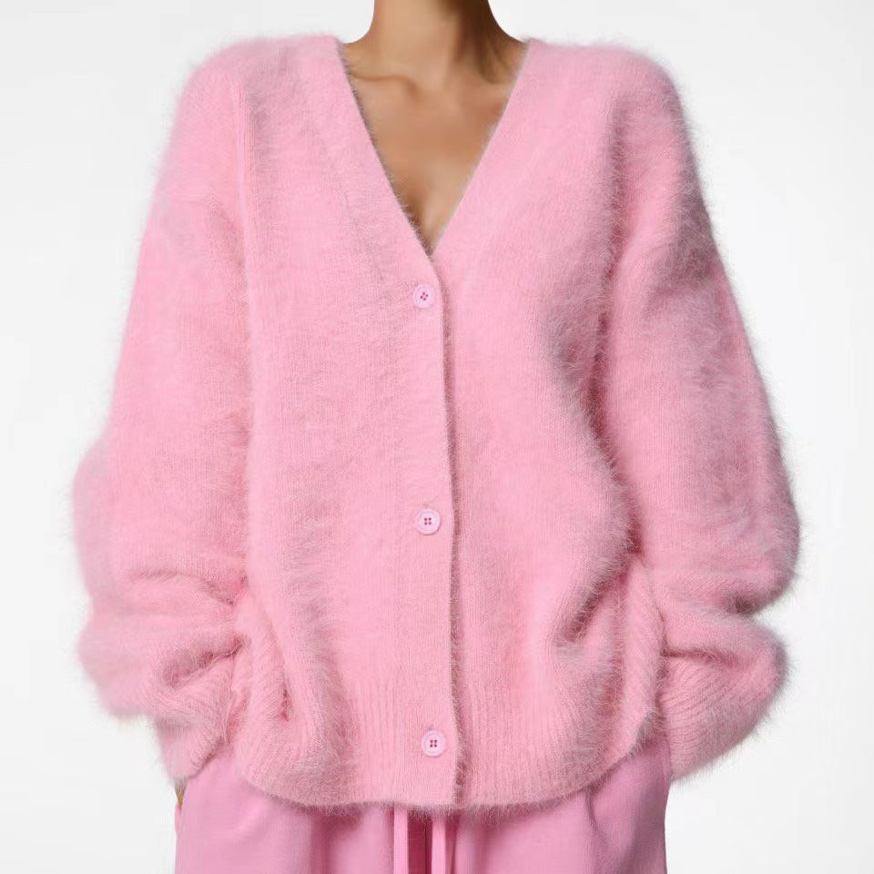 Damen Flauschiger Oversize-Knopfcardigan mit tiefem V-Ausschnitt und Eingrifftaschen – Veloura