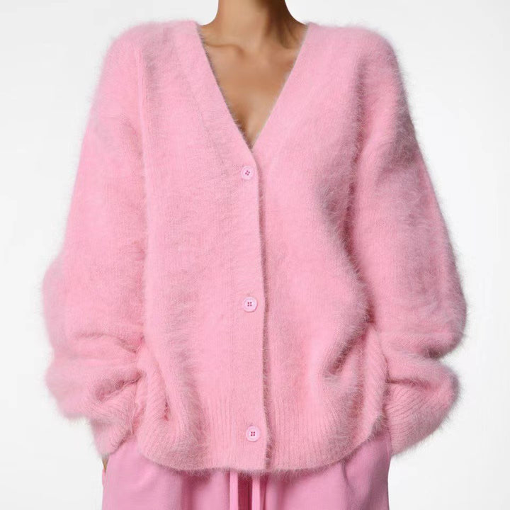 Damen Flauschiger Oversize-Knopfcardigan mit tiefem V-Ausschnitt und Eingrifftaschen – Veloura