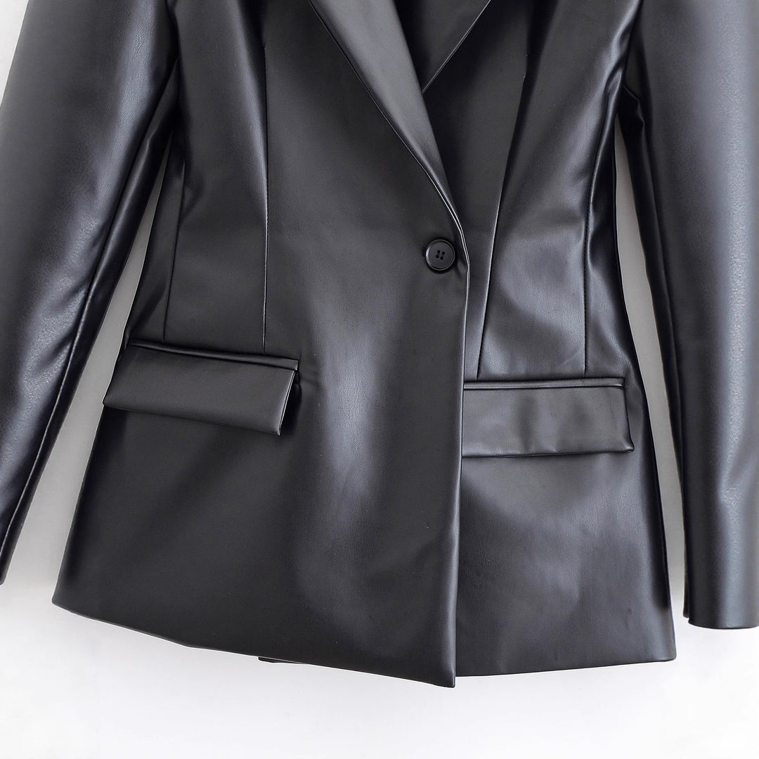 Damen Taillierter Longline-Kunstlederblazer mit Ein-Knopf-Verschluss und Pattentaschen Echo Archiv
