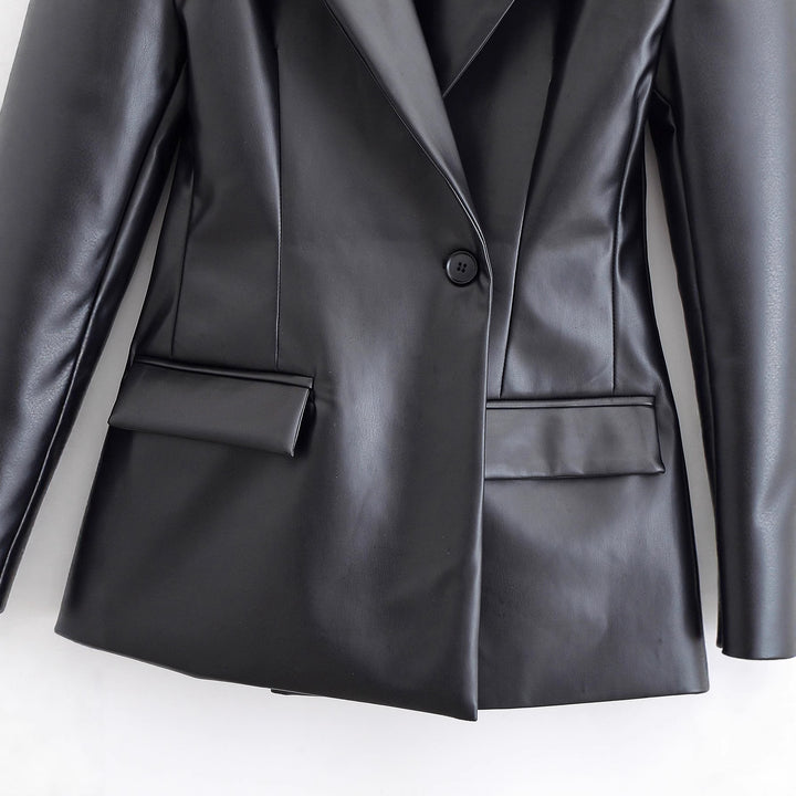 Damen Taillierter Longline-Kunstlederblazer mit Ein-Knopf-Verschluss und Pattentaschen Echo Archiv