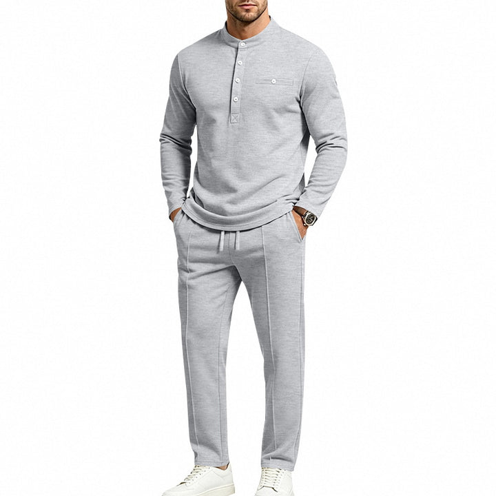 Herren Zweiteiliges Freizeitset mit Henley-Langarmshirt, Stehkragen und Komfort-Jogginghose – Sorevano