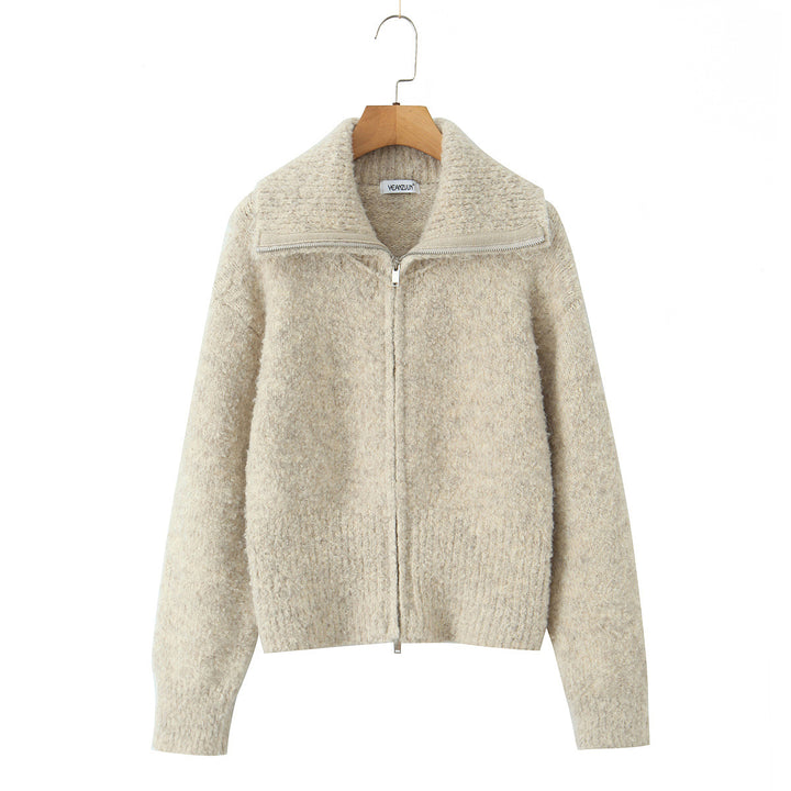 Damen kurze gezippte Strickjacke mit Stehkragen und Rippenbund Echoarchiv