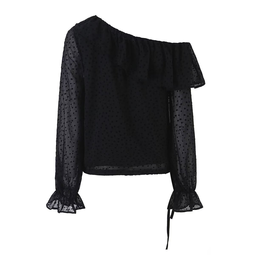 Damen Schulterfreie Chiffonbluse mit Volantkragen und transparenten Puffärmeln Echo Archiv