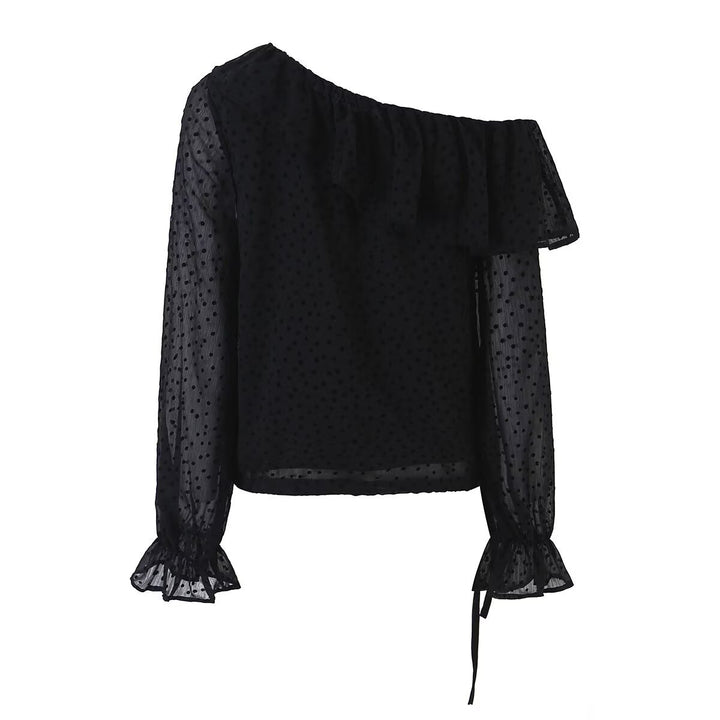 Damen Schulterfreie Chiffonbluse mit Volantkragen und transparenten Puffärmeln Echo Archiv