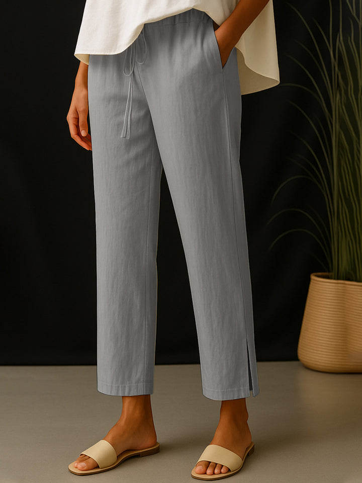 Damen Casual-Chino Leinenoptik Culotte mit elastischem Tunnelzugbund und Eingrifftaschen – Avélisse