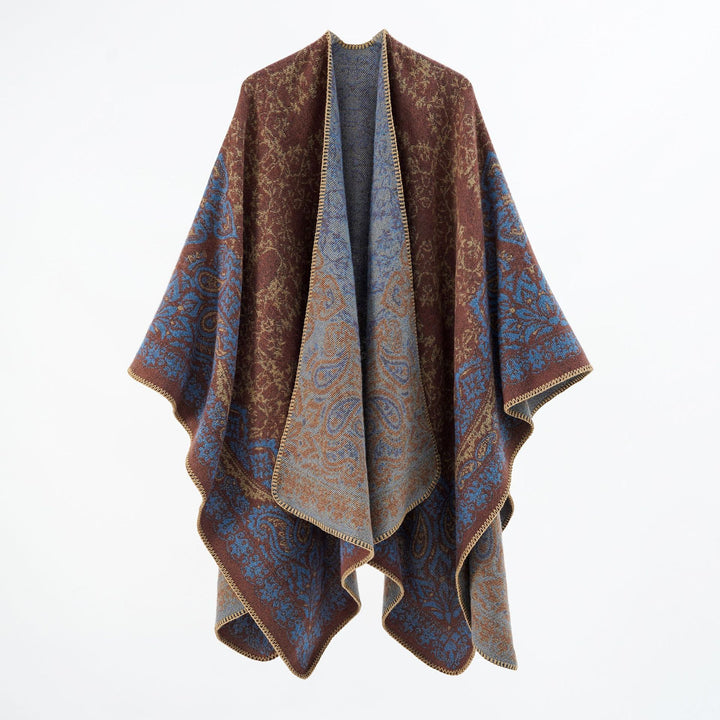 Damen Überwurfponcho im Double-Face‑Jacquard mit Paisley‑Inspiration und Zierstichkante – Célinea