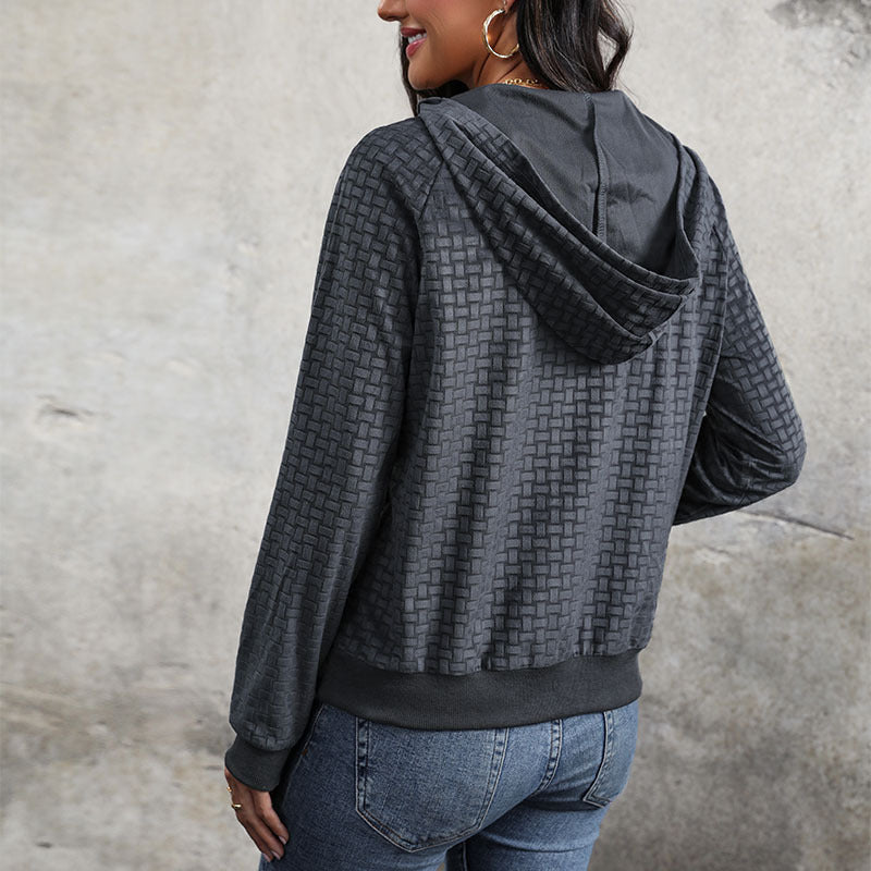 Damen Texturierter Kapuzenpullover mit Knopfleiste und Strukturmuster Echoarchiv