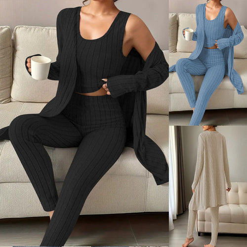 Damen Geripptes Feinstrick-Lounge-Set mit Longcardigan, kurzes Top und hochtaillierten Leggings – Élanora