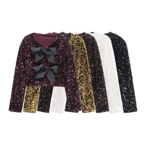 Damen Pailletten-Bolerojacke mit doppelschleifen-Verschluss, gefütterter Innenlage und tailliertem Cropped-Schnitt – Célinea