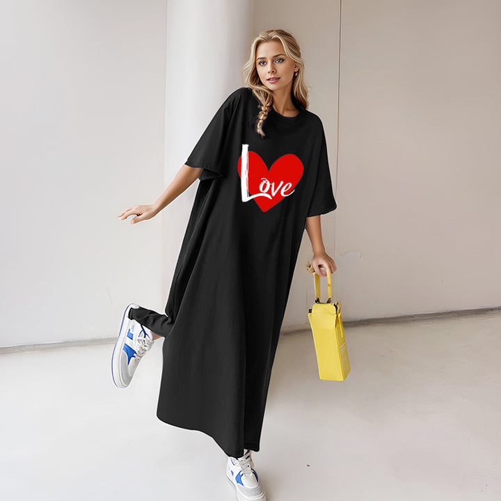 Damen locker geschnittenes Maxikleid mit großem Herzgrafikprint und Rundhalsausschnitt – Valéora