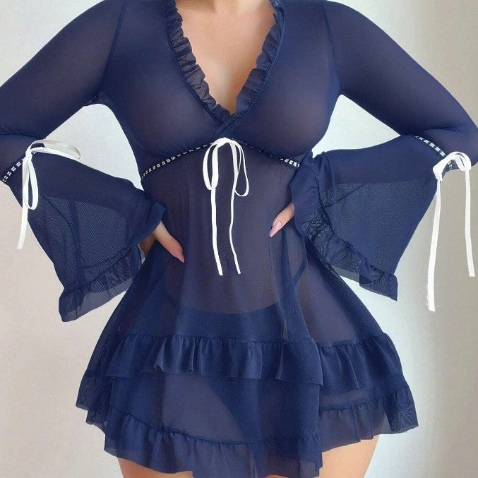 Damen transparentes Strandkleid mit voluminösen Rüschen und langen Ärmeln Echo Archiv