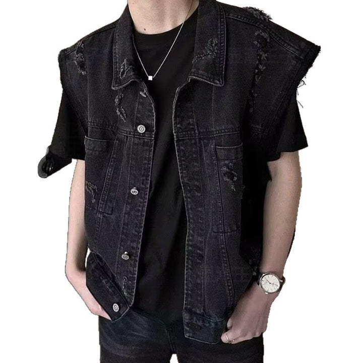 Herren Denim-Weste im Vintage-Used-Look mit Destroyed-Taschen und kastiger Passform Echoarchiv