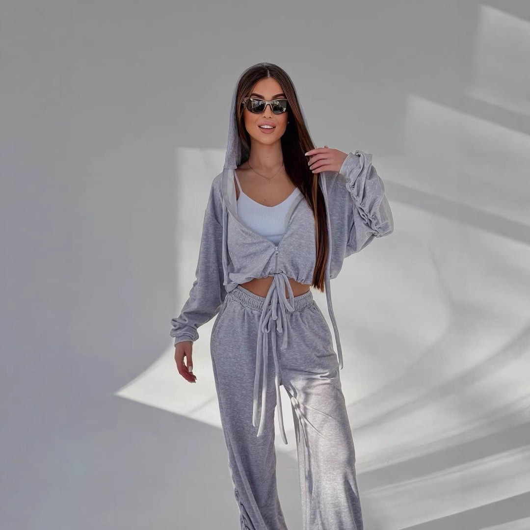 Damen Cropped Kapuzen-Sweatshirt mit Kordelzug am Saum und weite Raffung-Loungehose – Auréline