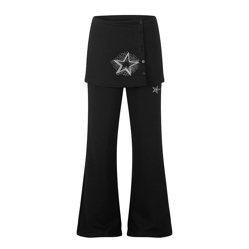 Damen Loungewear-Hose mit integriertem Minirock, weitem Bein und Stern-Strassapplikation Echoarchiv