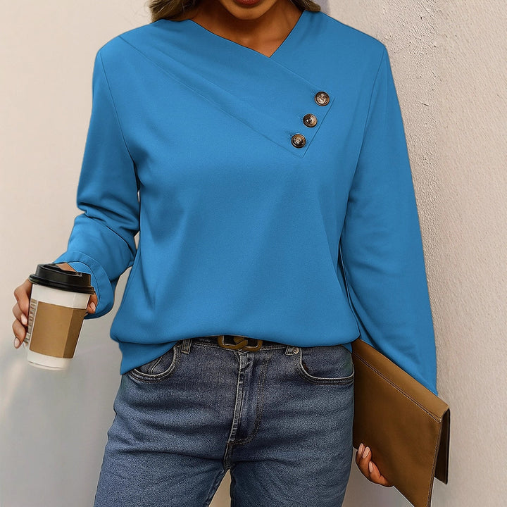 Damen Asymmetrische V-Ausschnitt Bluse mit Zierknopfleiste und Langarm – Élovi