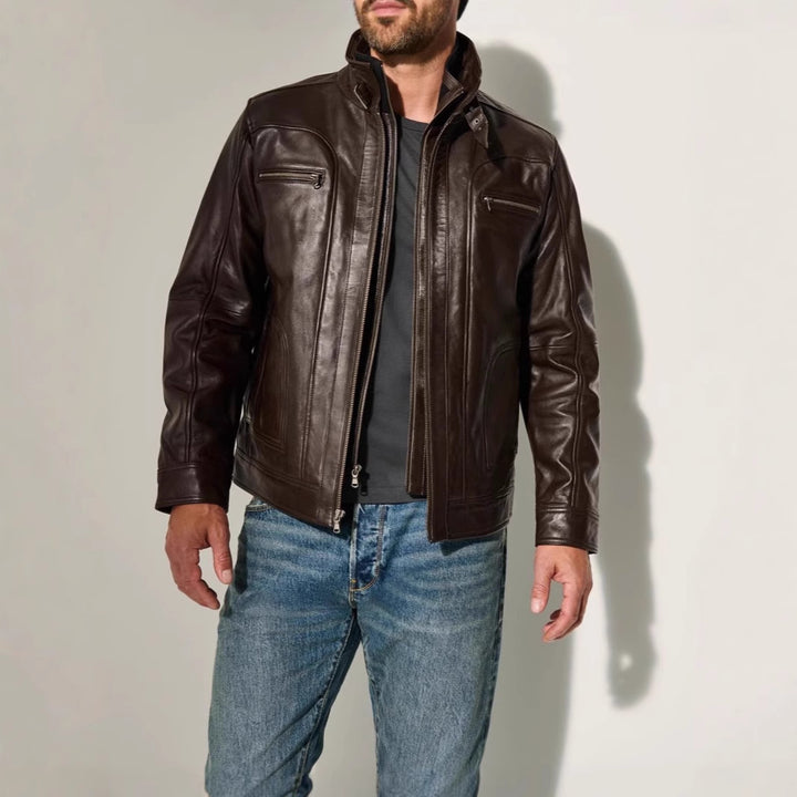 Herren lässige Lederjacke mit modernem Stehkragen und vielseitigen Taschen Echoarchiv