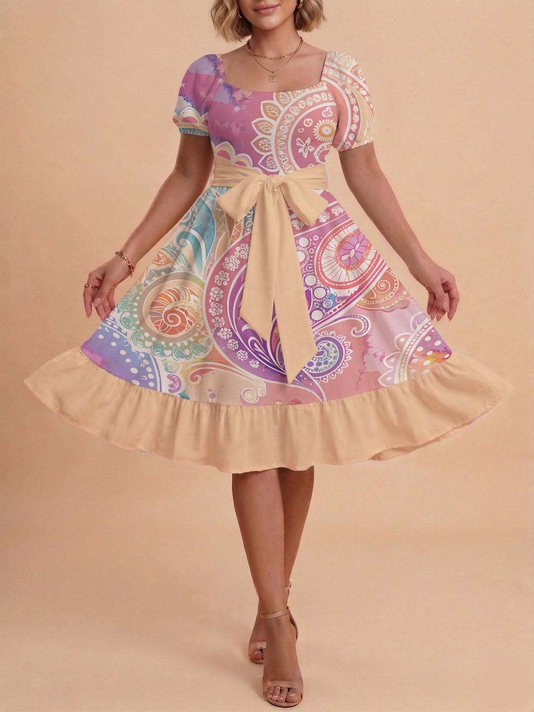 Damen modernes Blumenkleid mit elegantem Taillengürtel und asymmetrischem Saum Echo Archiv