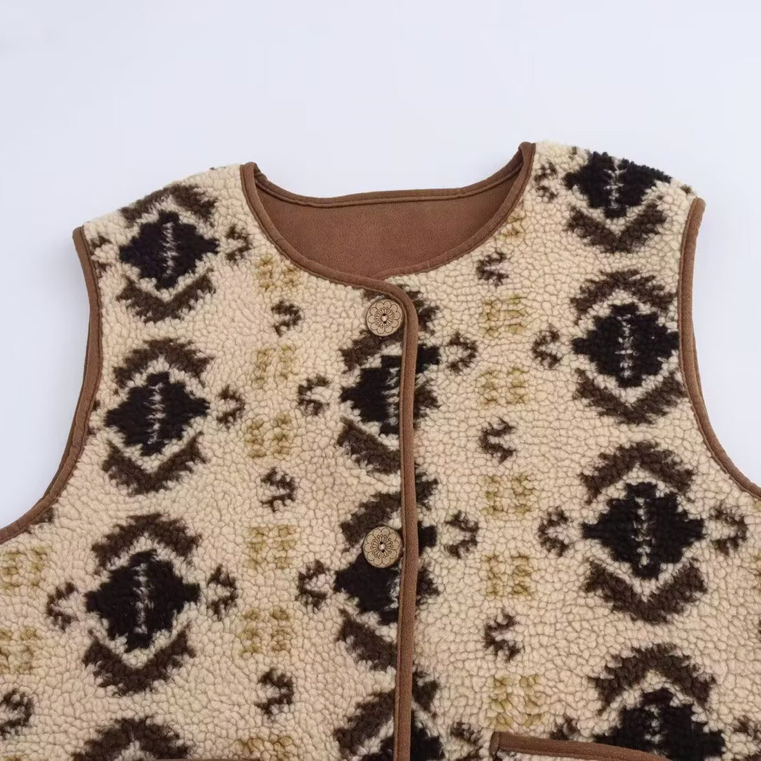 Damen Gemusterte Teddyweste im Bouclé‑Look mit aufgesetzten Taschen Echoarchiv